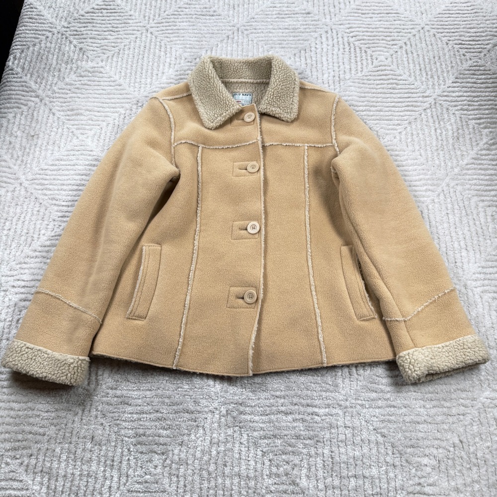 Old Navy Faux Shearling Jacket Women L Tan Sherpa Cabin Western Cozy VTG Y2K 00s